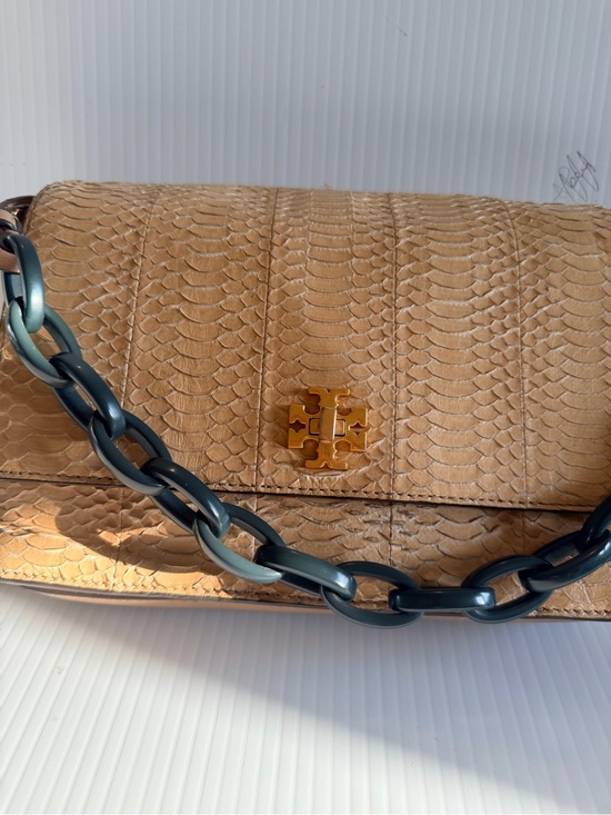 Tory Burch Handbags - Tory Burch Tan Python-Embossed Shoulder Bag with Dark green Chain Strap